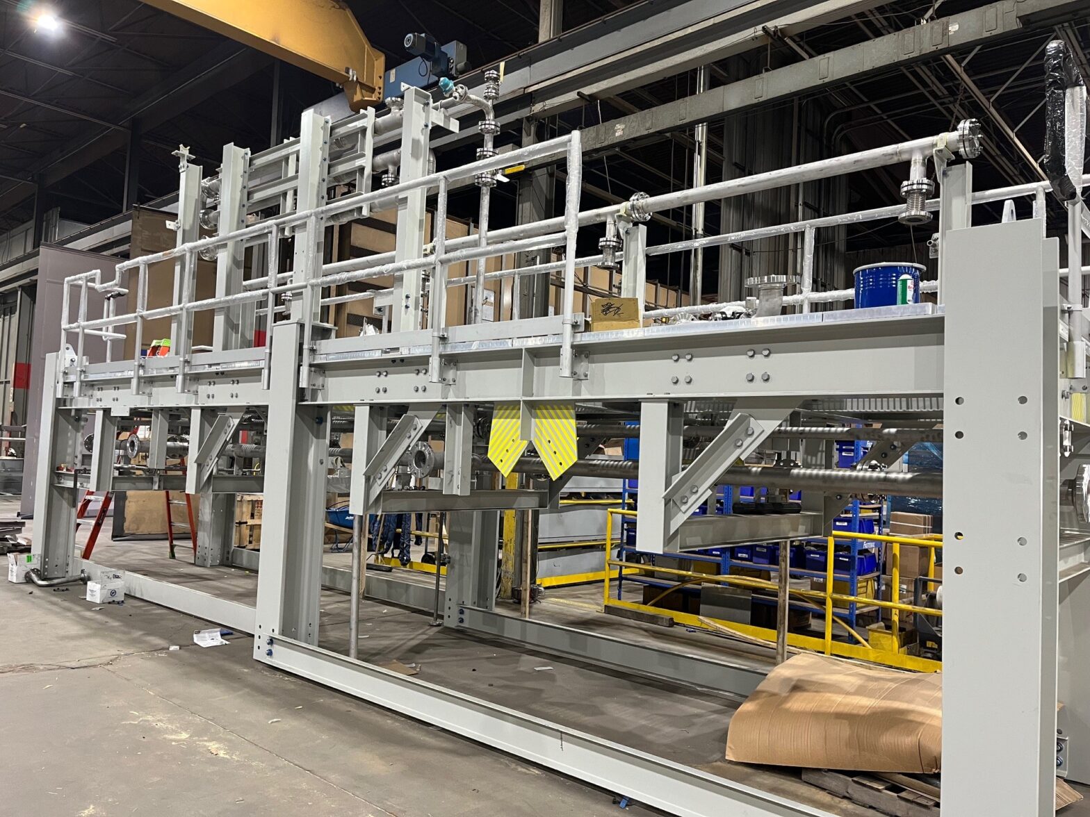 Completed structural steel and piping framework for a thermal hydrolysis system, fabricated and assembled by GSM Industrial.